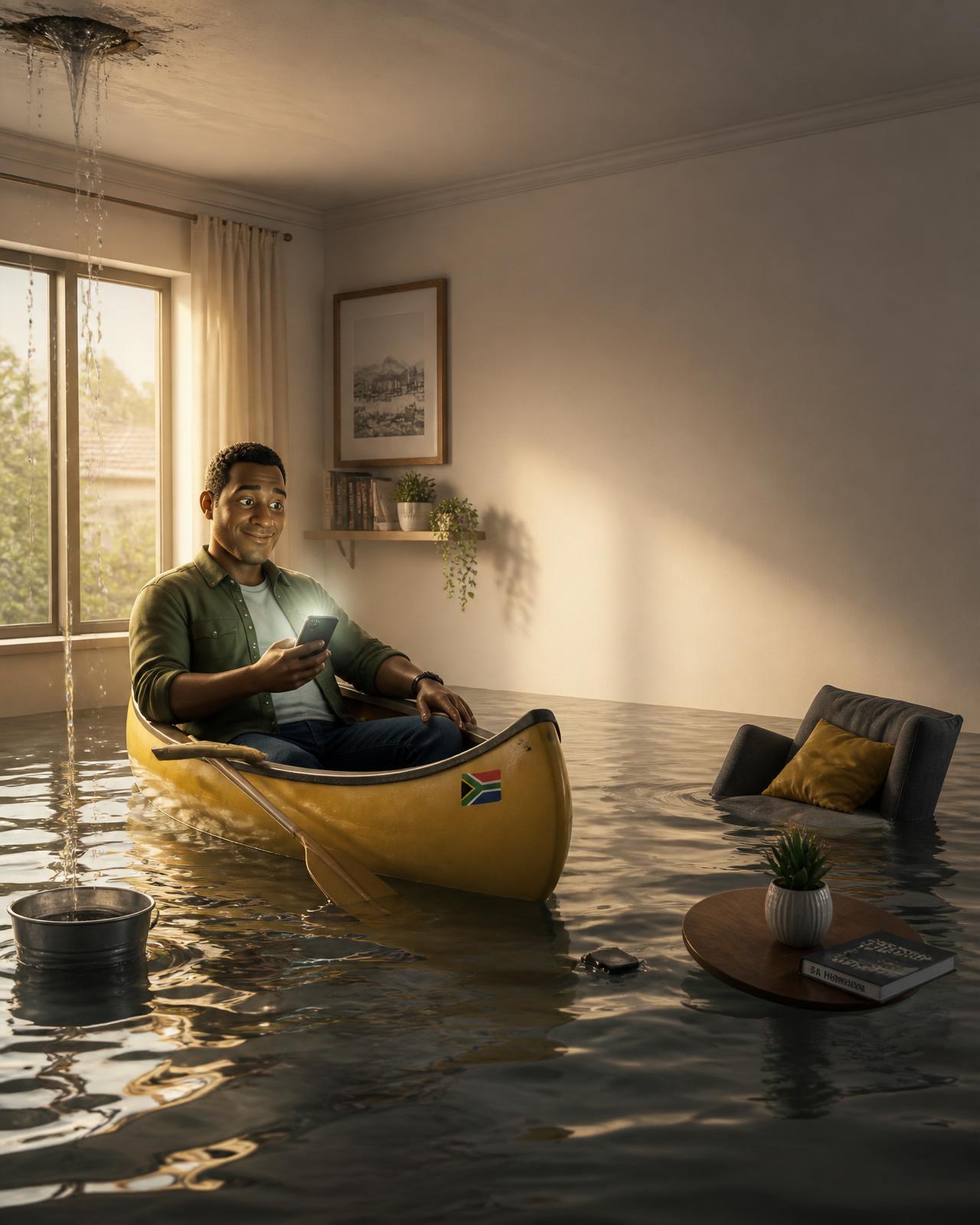 A calm South African homeowner floating in a canoe inside his flooded lounge, using the FIX IT app